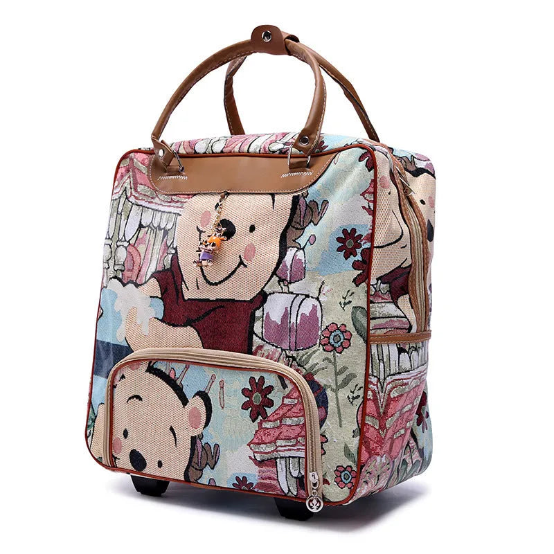 PU trolley suitcase with wheels shown in a choice of eight different colour and pattern designs.