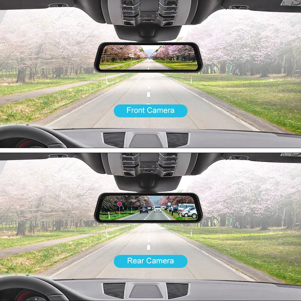 9.66-inch HD car dash cam with touch screen displayed on a car windscreen.