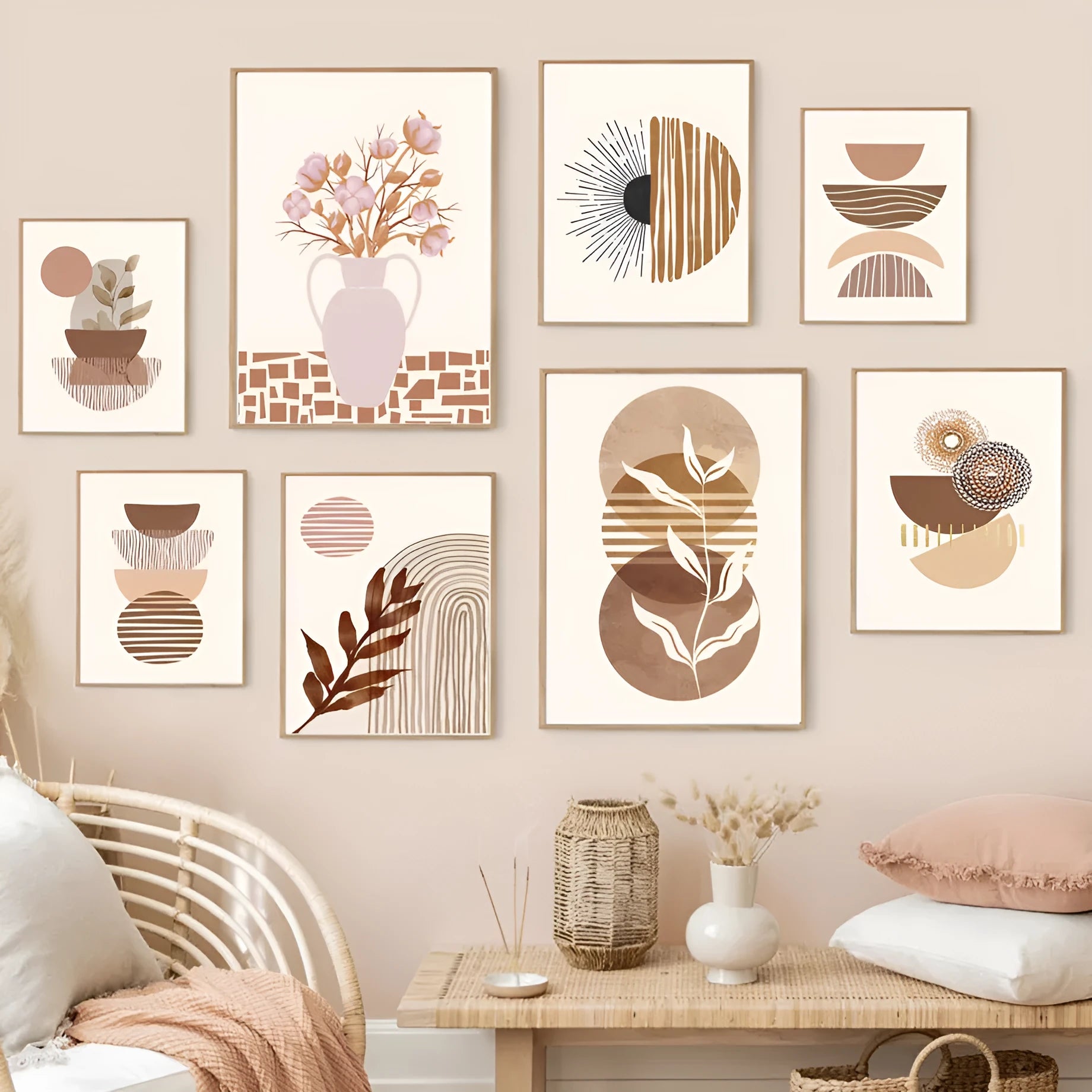 Geometric line leaves abstract boho canvas painting, oil on canvas, frameless, multiple size options