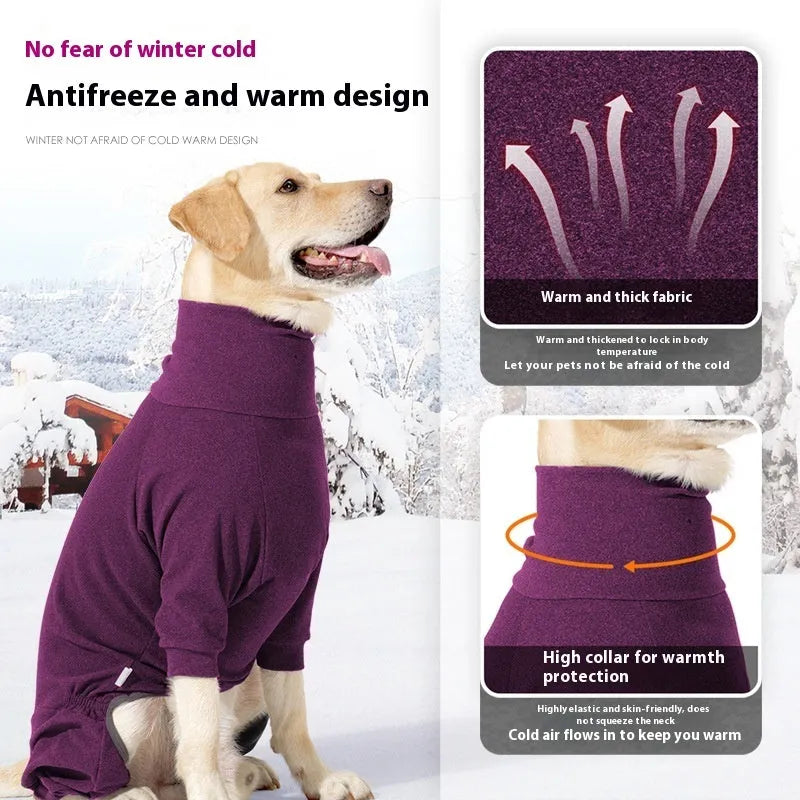Dark grey polar fleece dog clothes with four-legged design and high collar