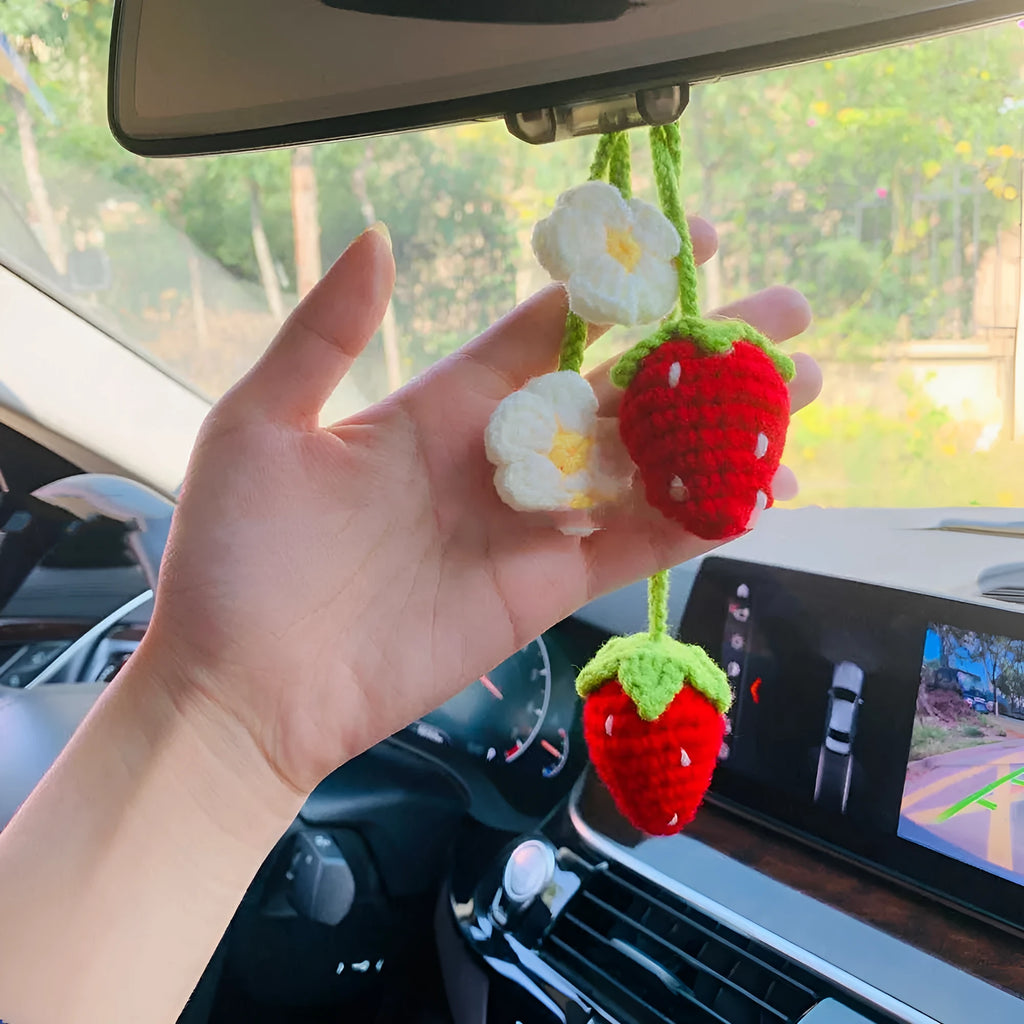 Handmade strawberry-shaped weaving pendant for car decoration, made from cotton and hemp yarn.