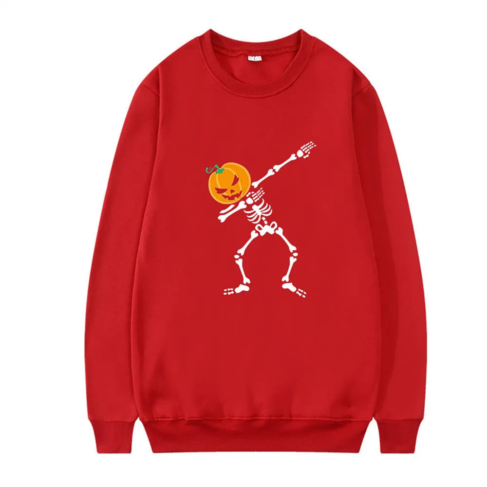 Women's printed long sleeve crew neck top in various colours on a hanger.