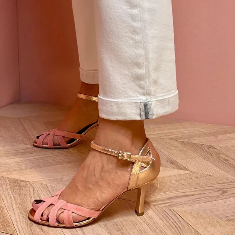 Knee-high peep toe sandals with a buckle fastenings in black, green, pink, and purple colours
