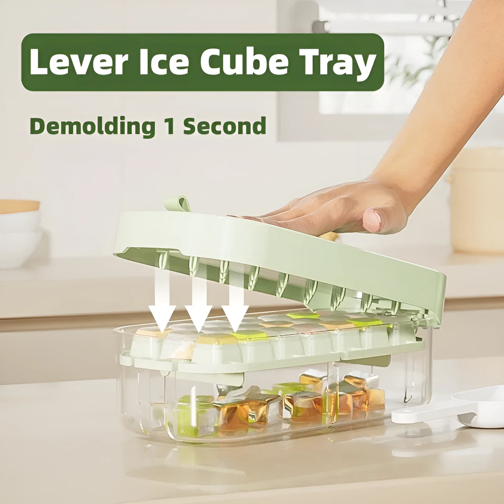 High-capacity ice cube tray ice box grid in blue with an ice shovel stored in its slot.