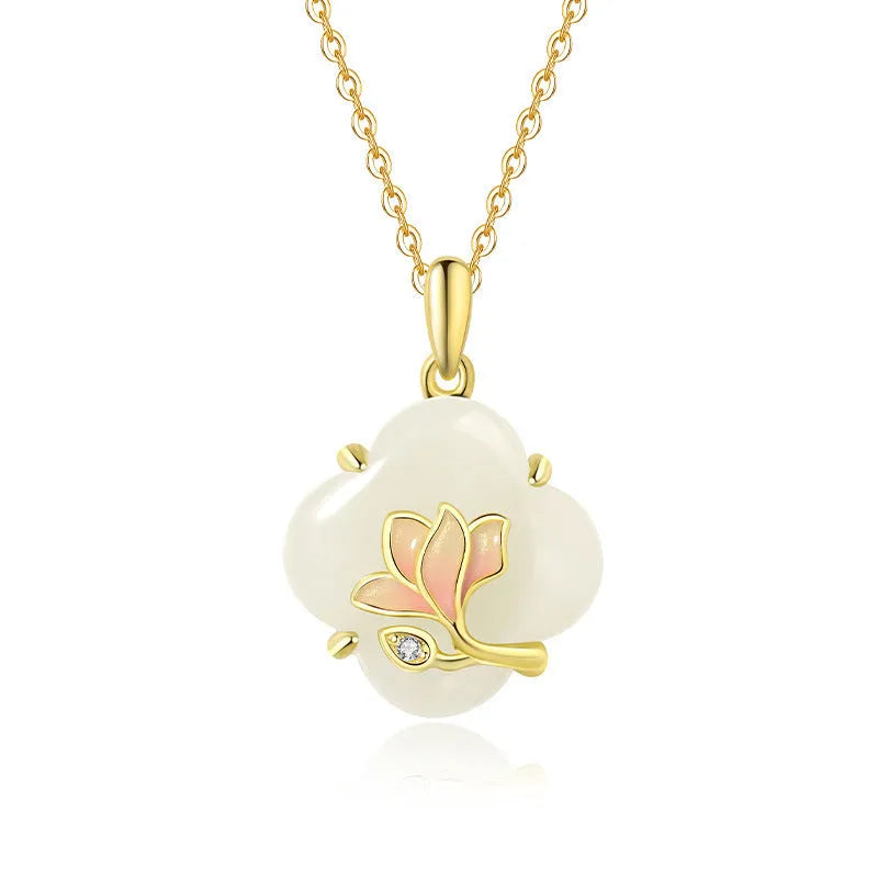 Magnolia flower Hetian jade and sterling silver jewellery set with necklace, bracelet, and earrings