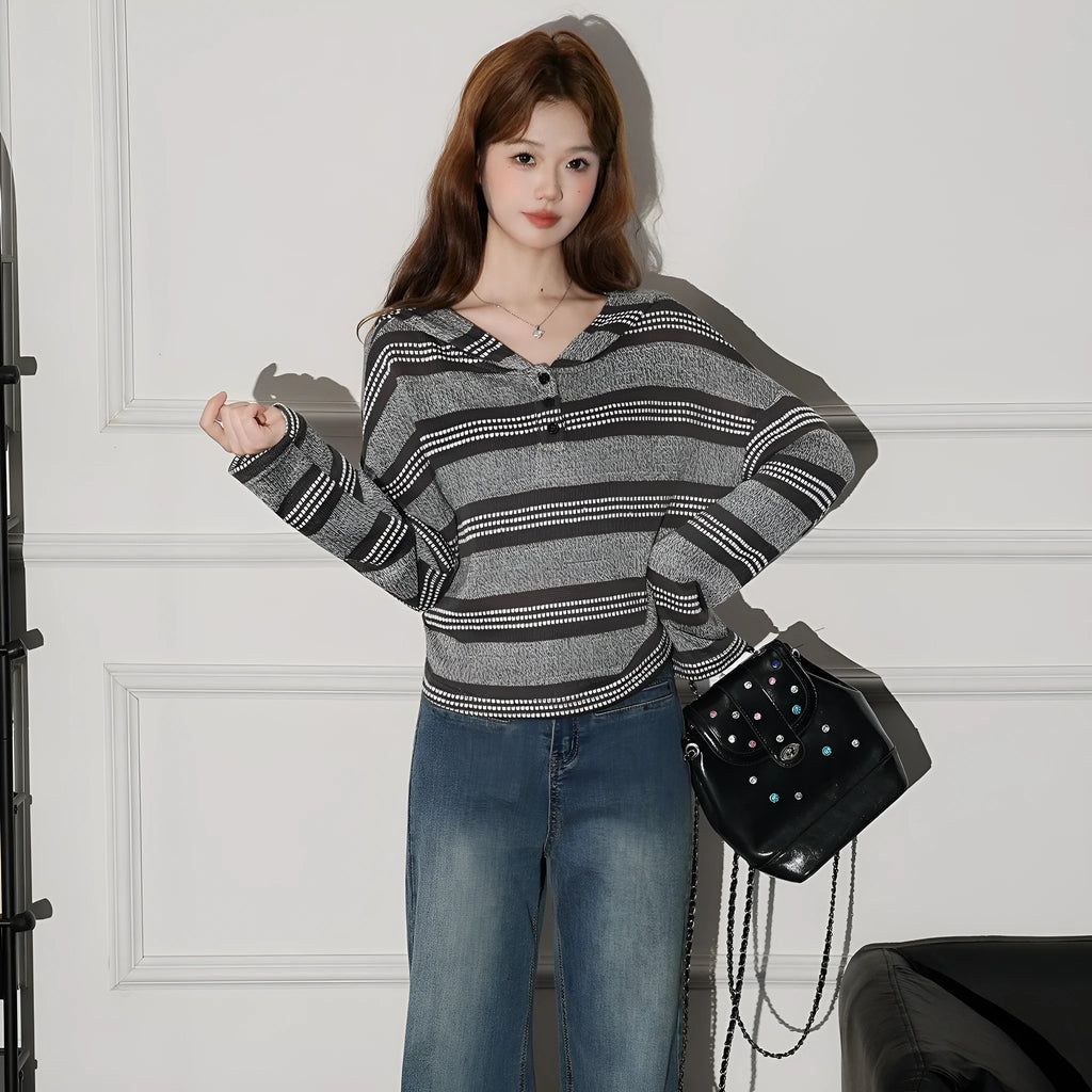 Women's striped button hooded knitwear in dark coffee, loose fit, long sleeves, short 40cm knitted pullover top