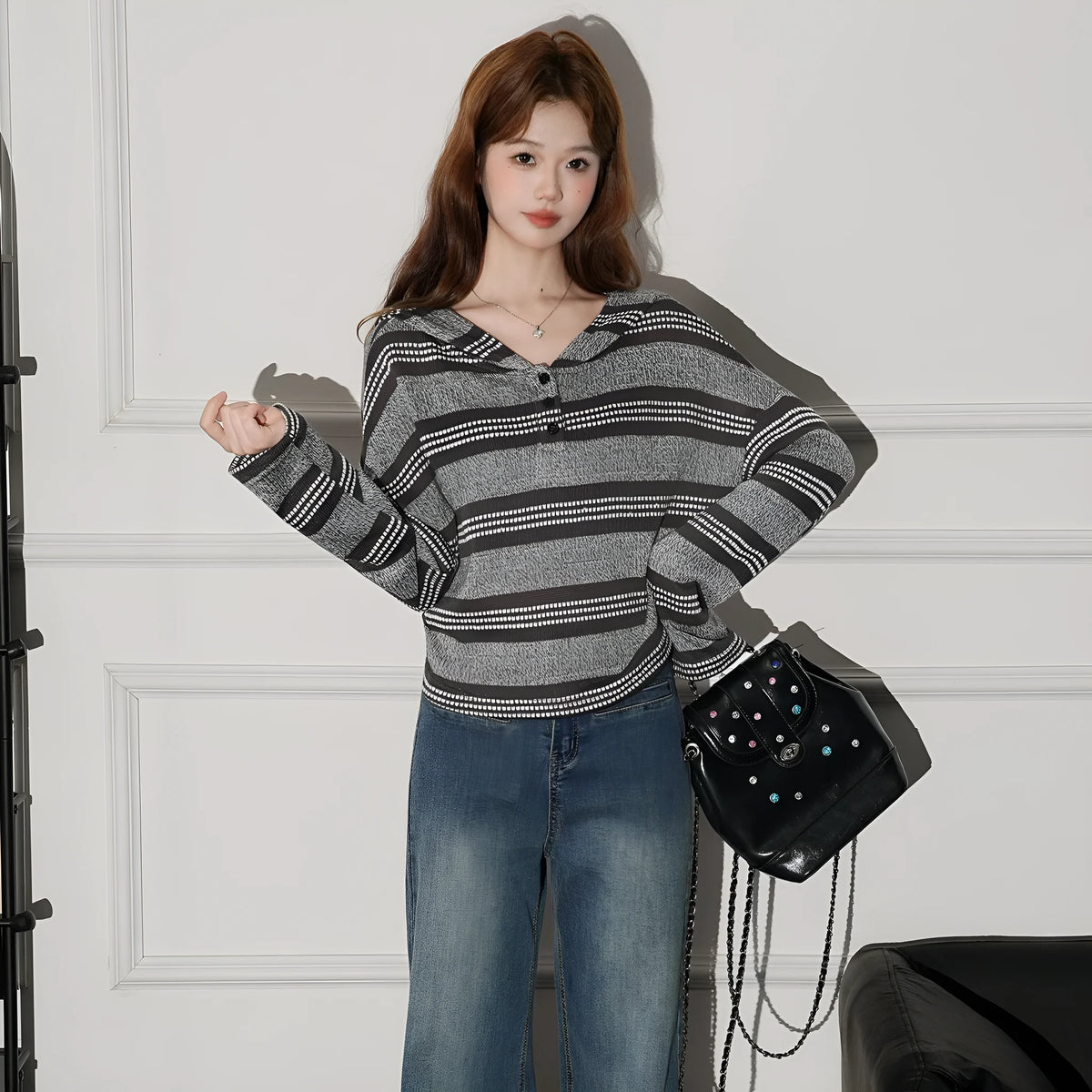 Women's striped button hooded knitwear in dark coffee, loose fit, long sleeves, short 40cm knitted pullover top