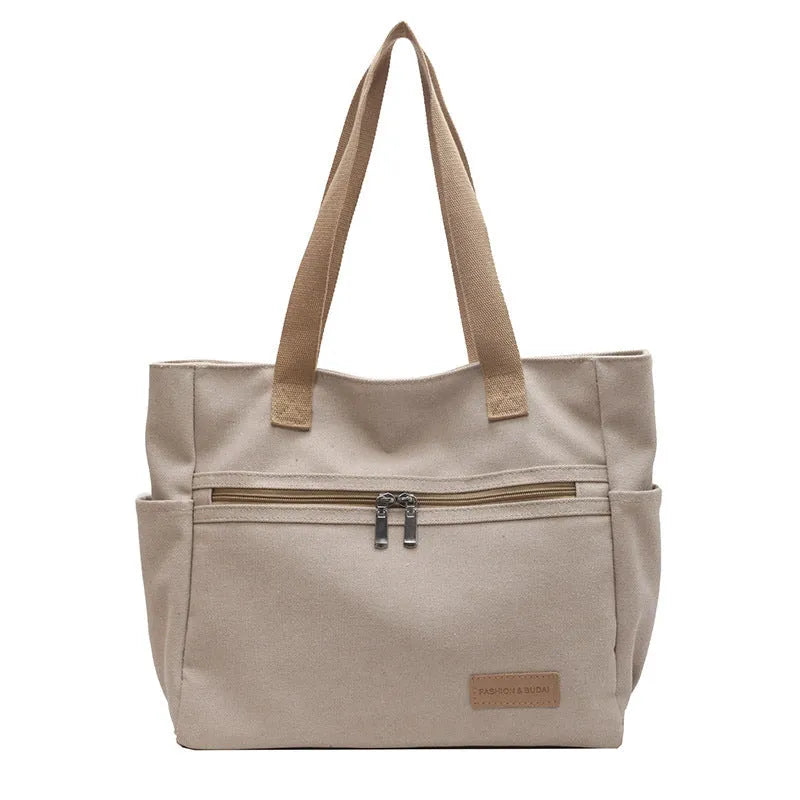 Canvas shoulder bag women's tote handbag in gray with contrast stitching and double shoulder straps