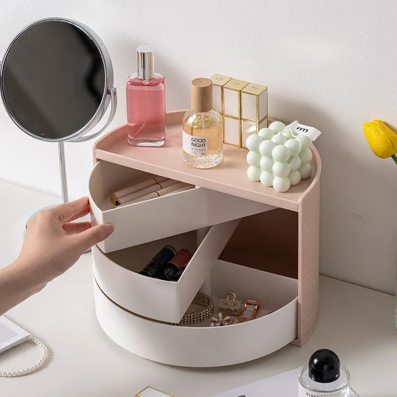 Rotating cosmetics storage box in white or pink, plastic, 27x15.5x19.5cm, for makeup and toiletries.