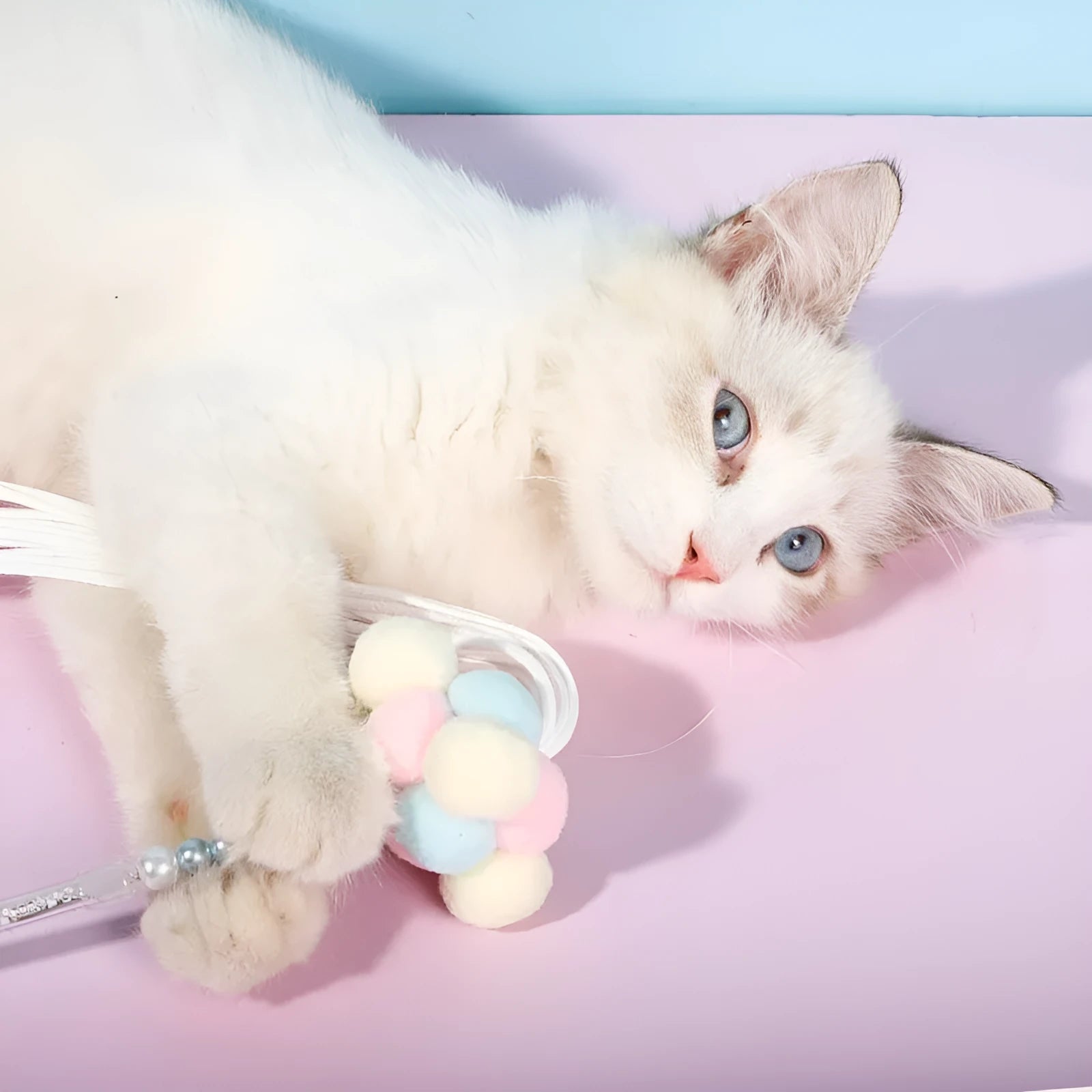 Acrylic cat fairy rod toy with colourful stripes, available in blue, white, pink, purple, or orange