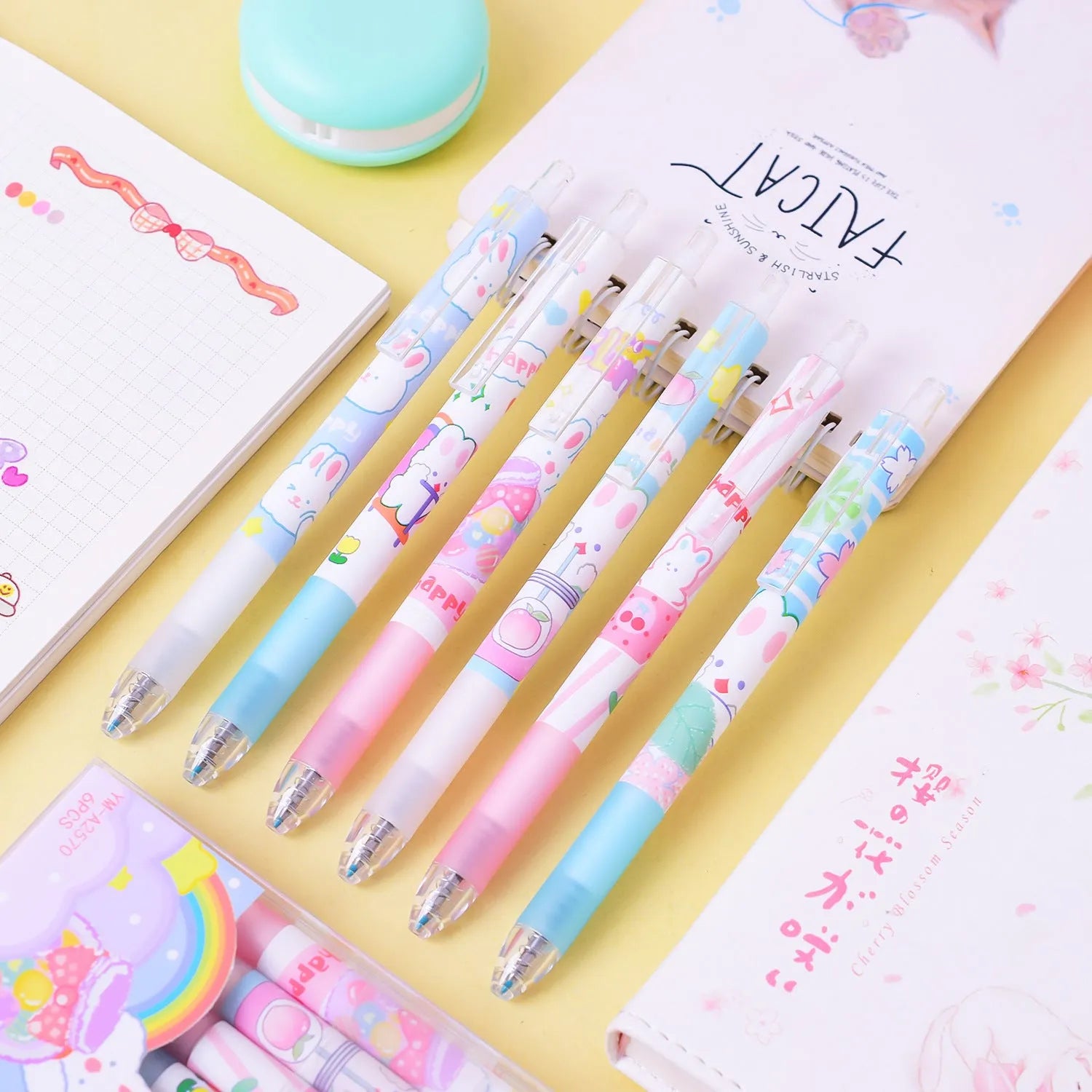 Six cartoon bunny decorated black ballpoint pens with 0.5mm tips
