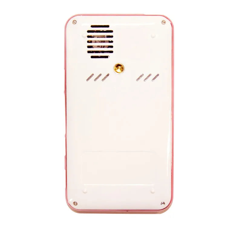 White and rose gold M6S miniature Android DLP projector showing compact size next to a smartphone for scale.