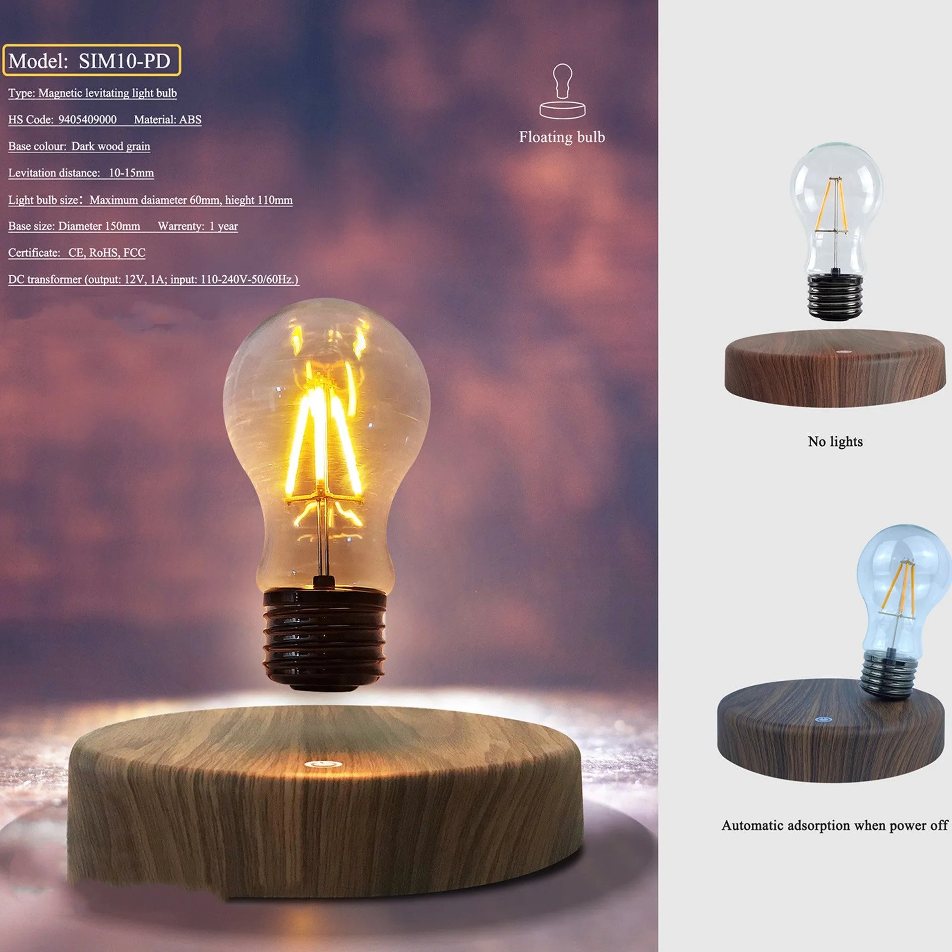 Magnetic levitation bulb night light floating above wooden base