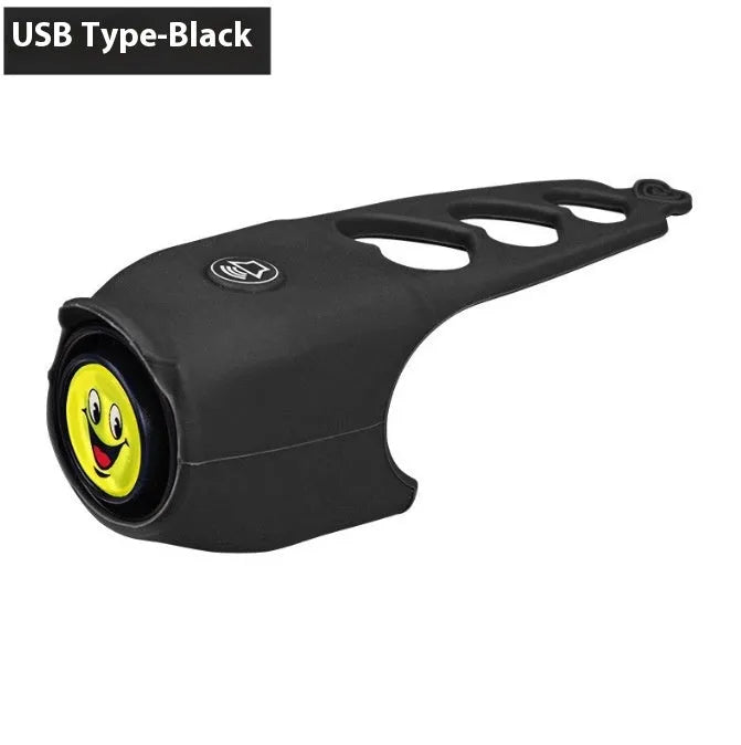Electronic bicycle horn with plastic housing in six colour options showing compact dimensions for handlebar mounting
