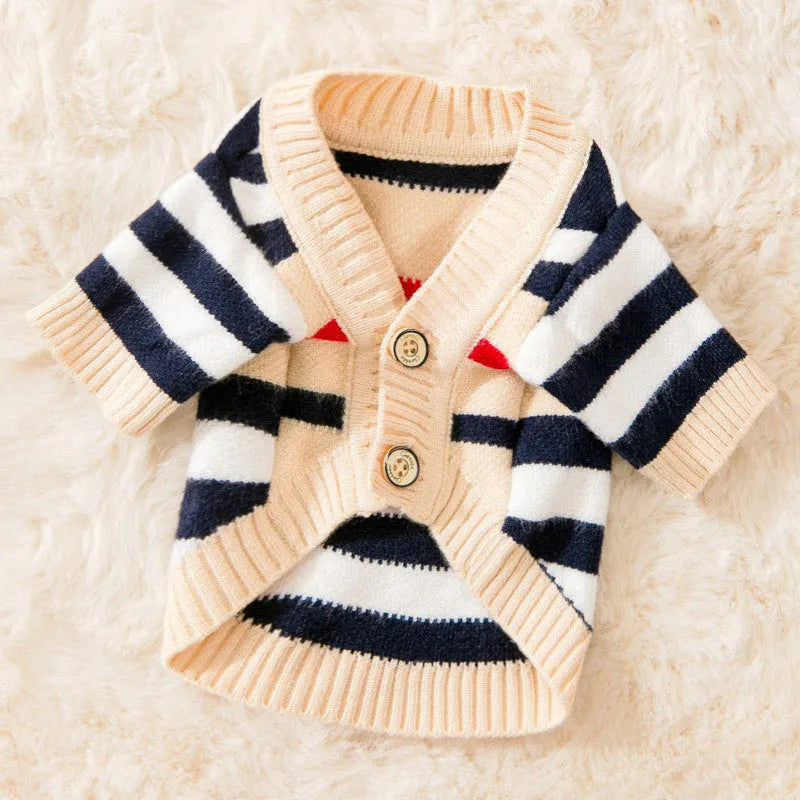 Dog striped knitted sweater cardigan in beige full print bear design on a small dog