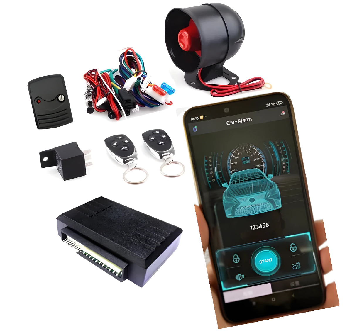 Black induction unlocking car anti-theft device with 370MHz remote and 120dB siren