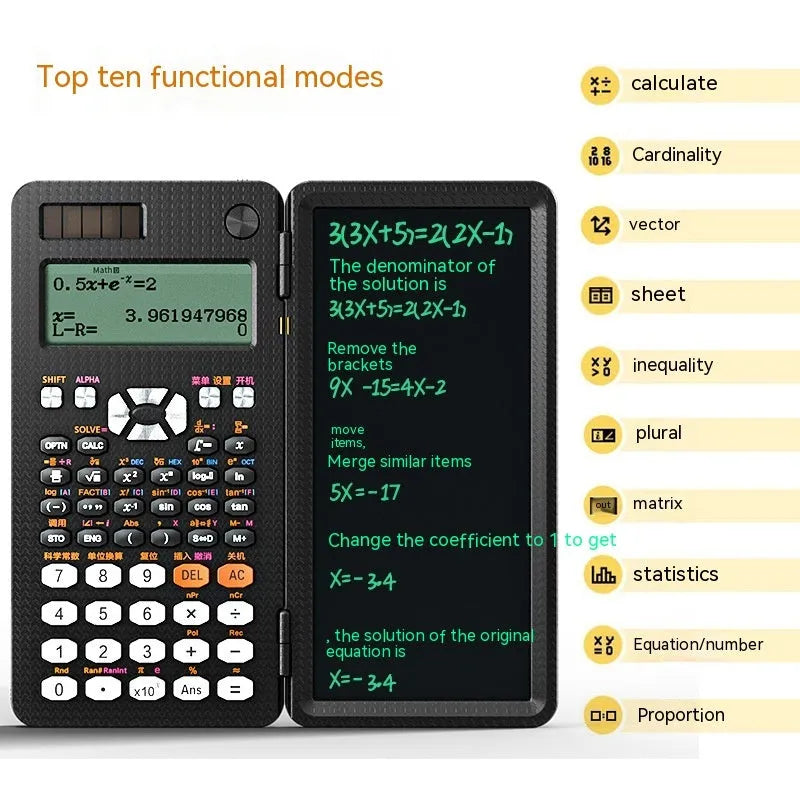 Black 2 in 1 foldable scientific calculator with handwriting LCD notepad on a desk
