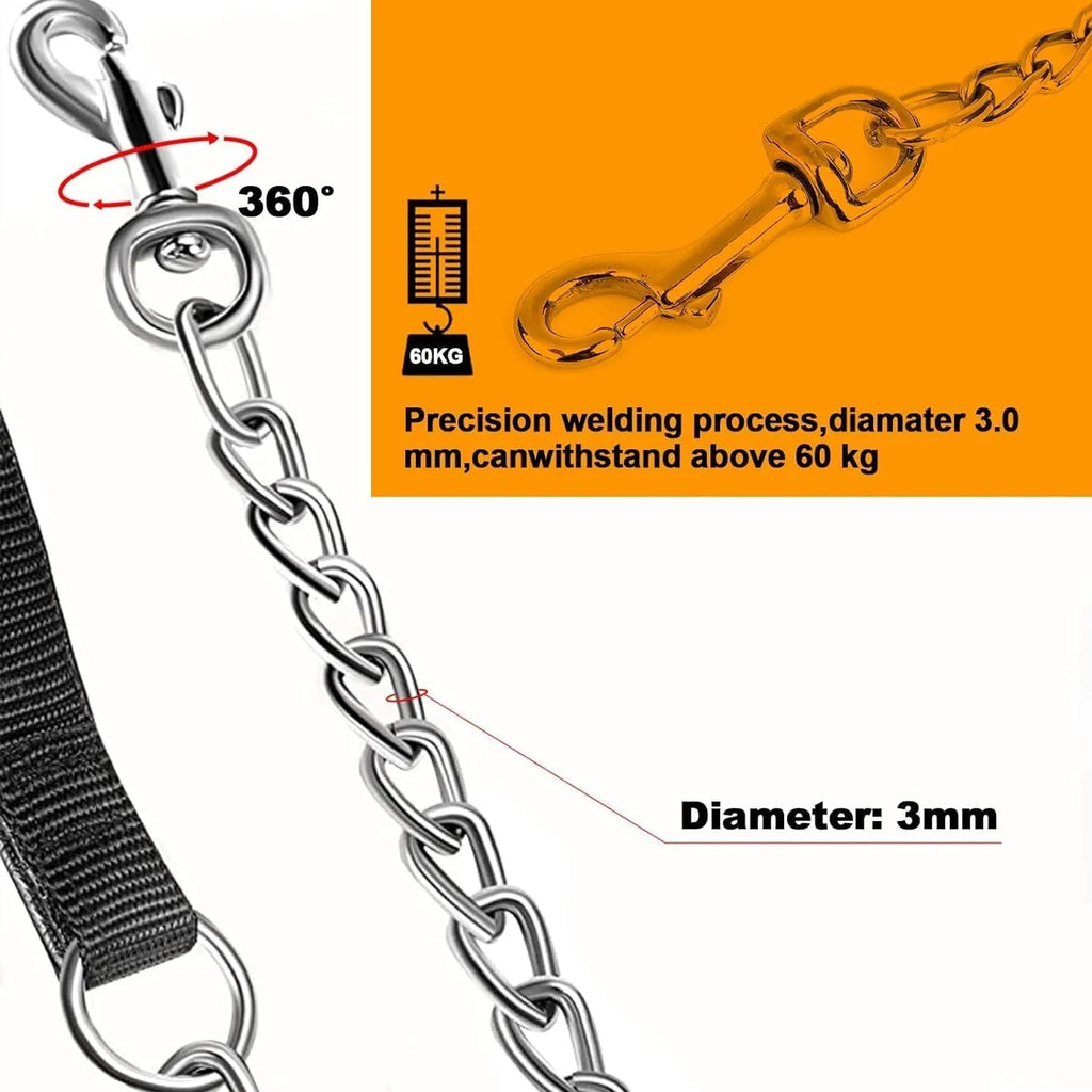 Heavy duty metal dog chain leash with a soft black padded handle, shown with a red colour option.