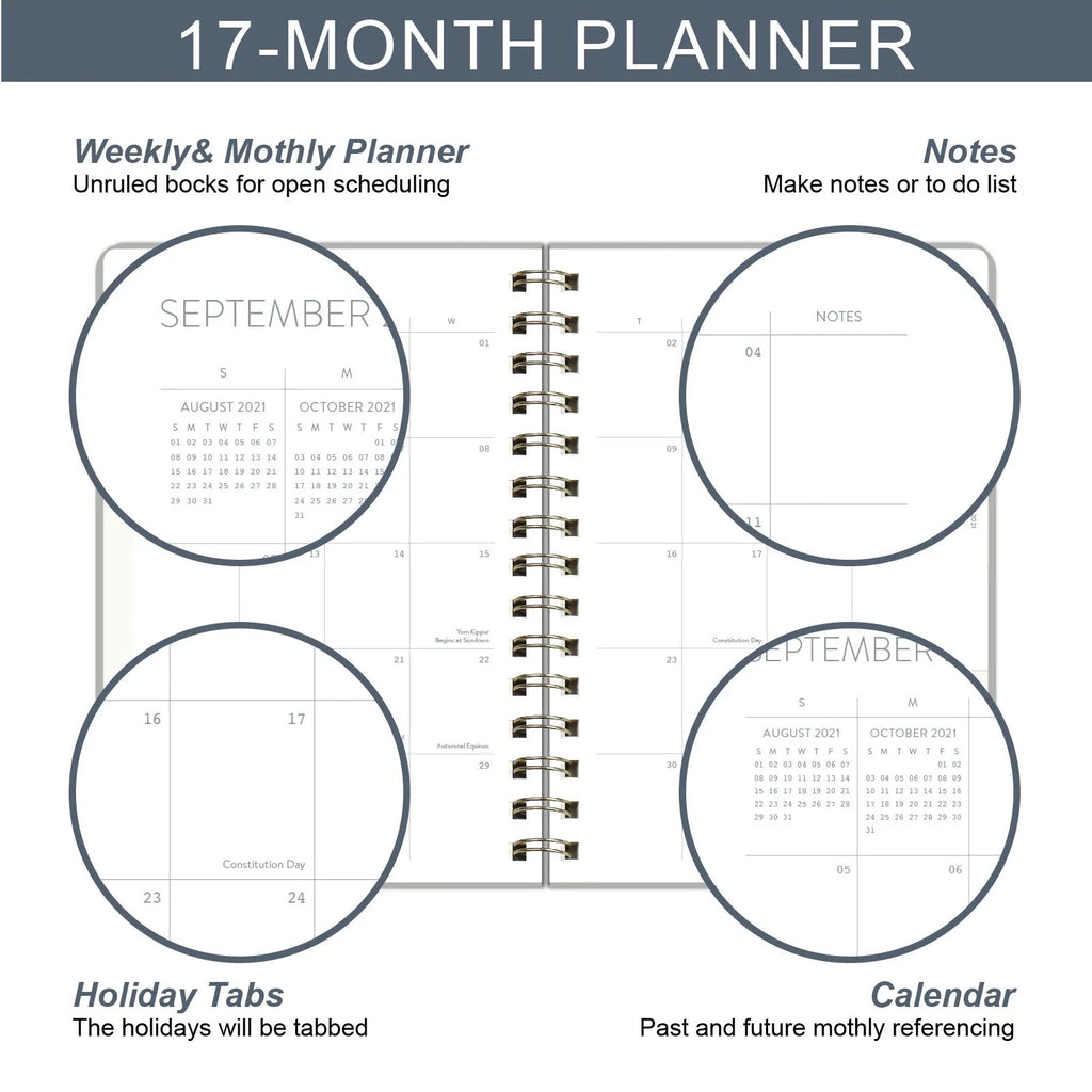 Blue or green PU leather student plan notebook with coil binding showing 2022 week planner pages and interior pockets