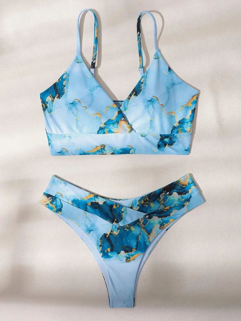 Women's marble tie-dye high waist bikini swimwear with U-neck design in separated two-piece style