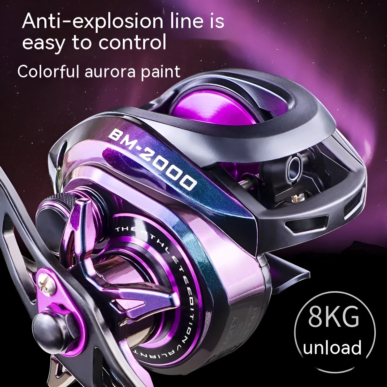 BM2000 model fishing reel with magnetic brake system and water drop spool.