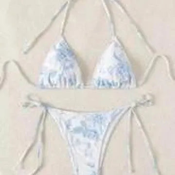 Sexy ink painting print halter lace-up bikini set in multicolor for women swimming wading sports, black light blue pink options