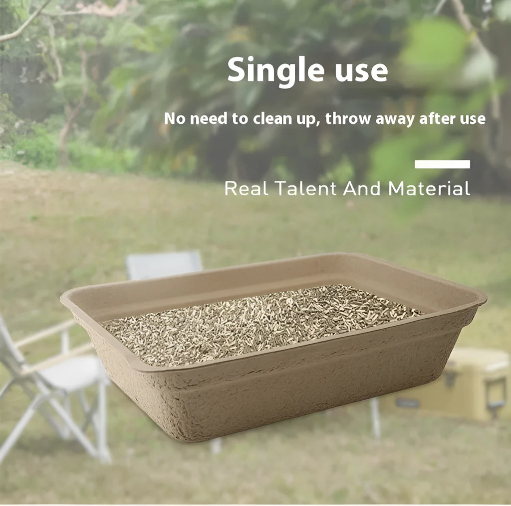 Brown disposable cat litter box with waterproof lining showing three size options for small pets