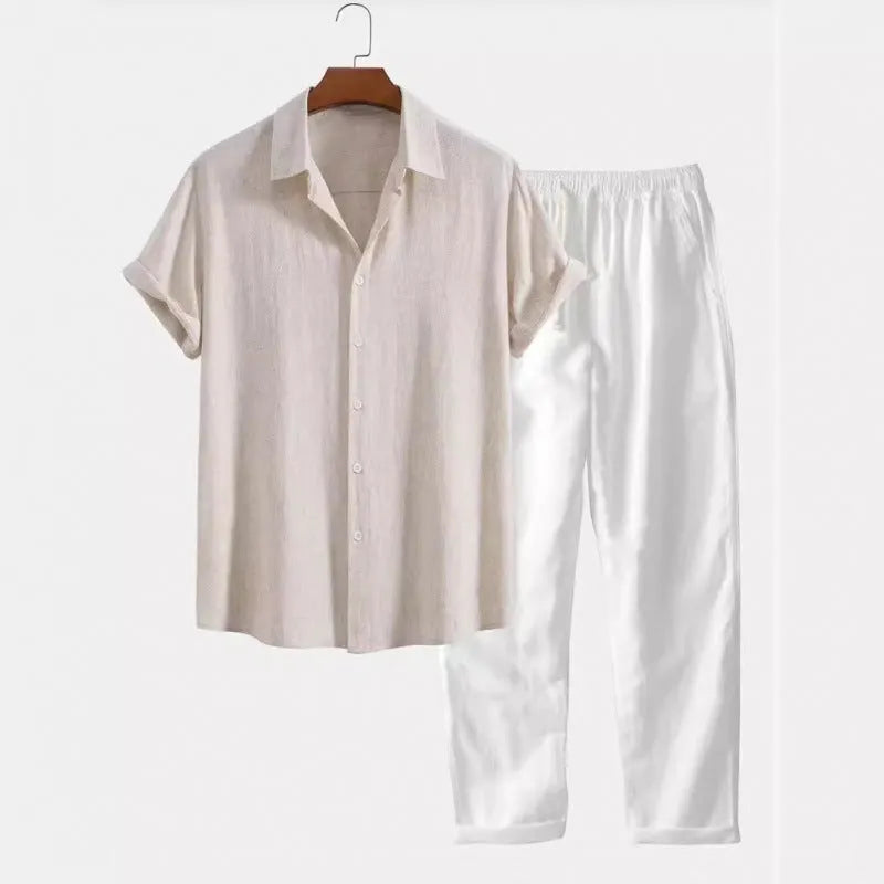 Men's casual linen-look shirt and trousers set in solid colour with short sleeves