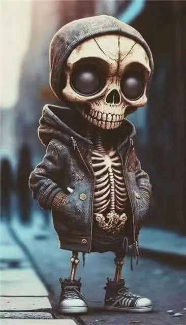 Resin Halloween skeleton doll figurine ornament measuring 15cm on a desk.