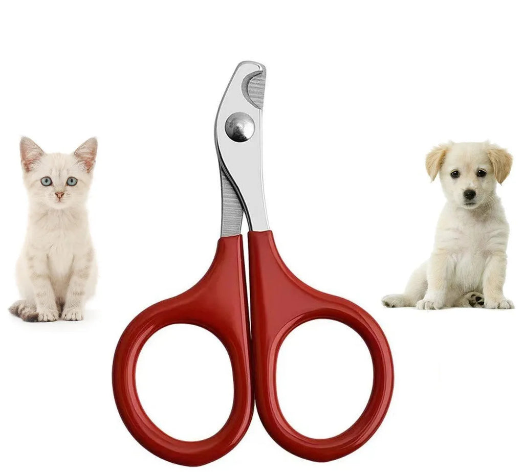 Stainless steel pet nail clippers with coloured plastic and rubber handle for dog and cat grooming