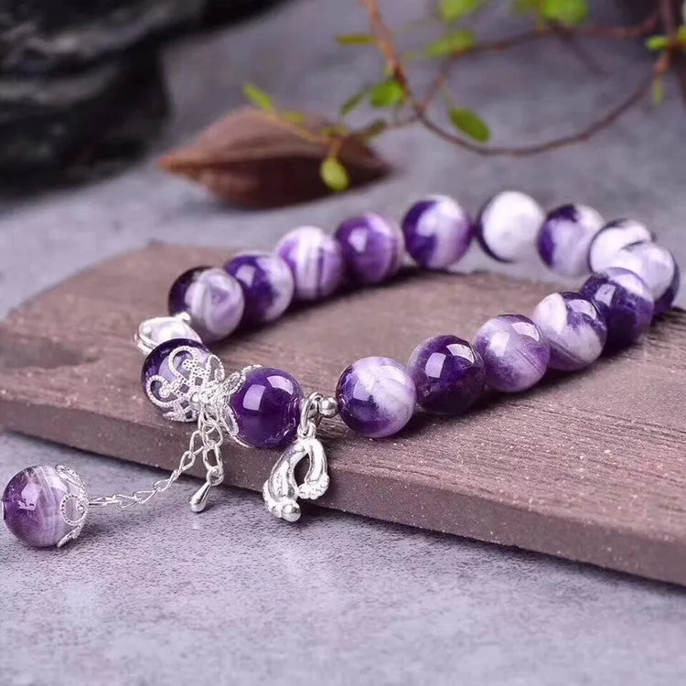 Natural purple amethyst bracelet with 10mm round beads and unset inlaid details for women