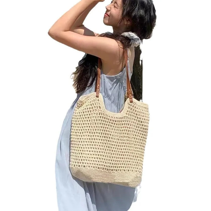 Beige woven cotton linen shoulder bag showing large and small size options with magnetic snap and zipper closure variants