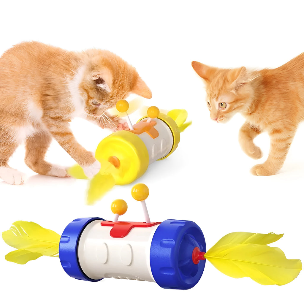 Extendable blue cat toy stick with a colourful rotating feather ball for interactive pet play.