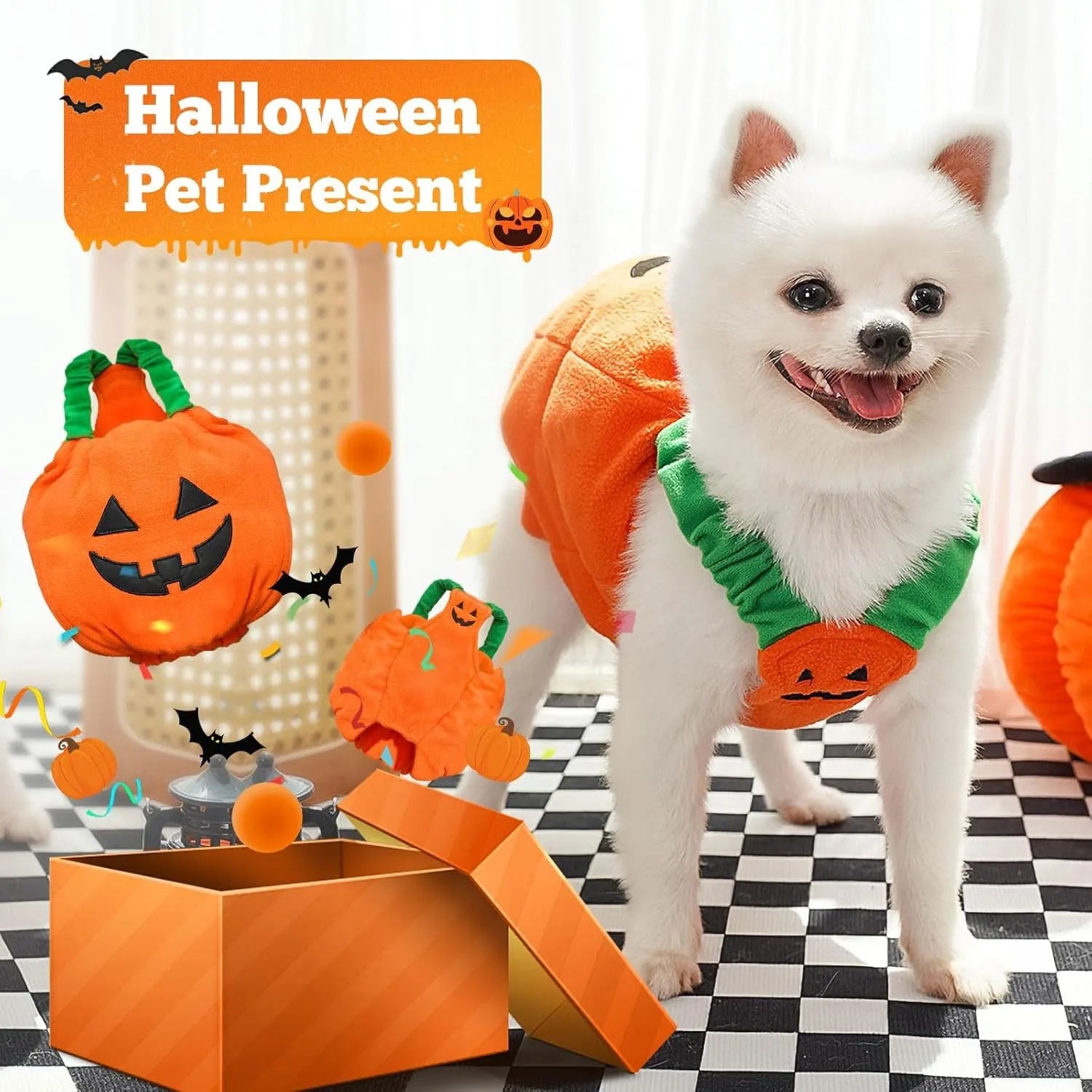 Orange pumpkin plush Halloween costume on a small dog, showing pullover design and soft texture.
