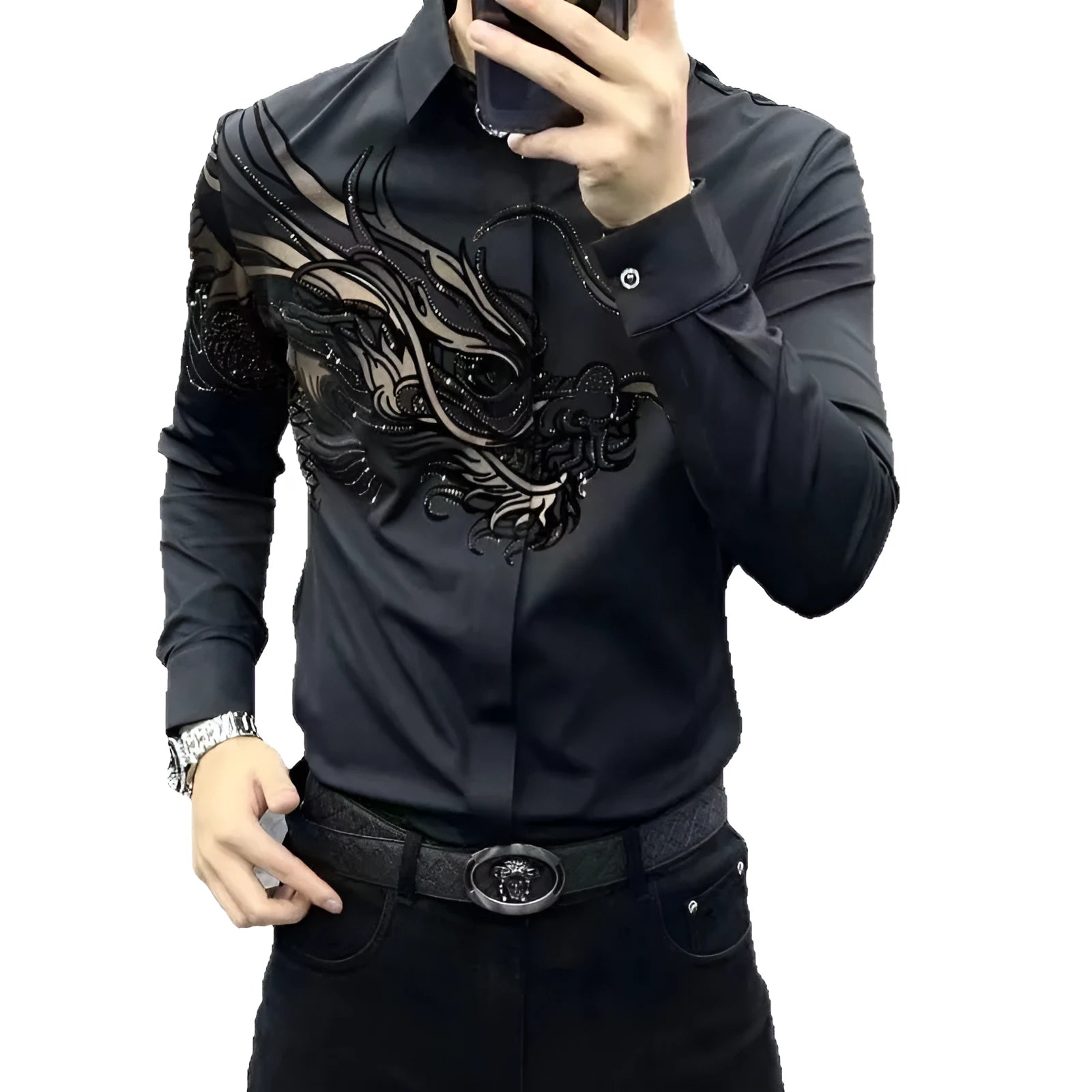 Men's black Ice Silk viscose printed shirt with advanced print design, available in sizes M to 5XL for large-size men