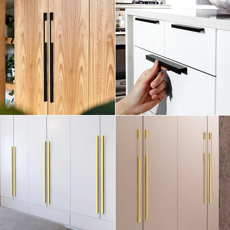 Gold aluminium alloy single-hole cabinet handle in a modern T-shape design.