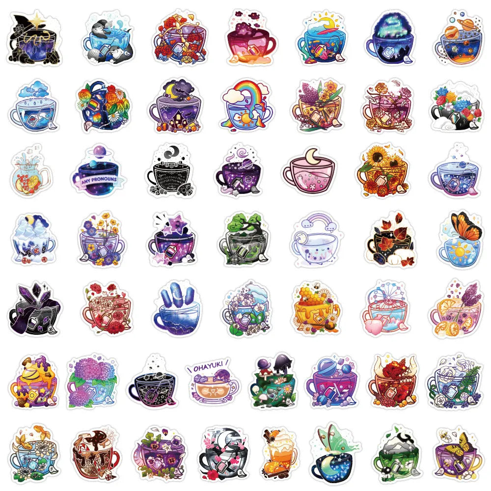 A pack of 50 colourful tea cup graffiti-style waterproof vinyl stickers on a sheet.
