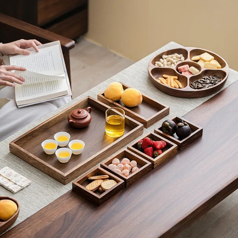 Solid wood snack candy trial tray in burlywood with New Chinese style, shown with multiple grid options including covered and uncovered versions.