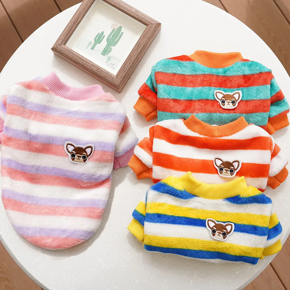 Embroidered fluffy polyester dog cat jacket in striped colour, XS-XXL chest 30-55cm