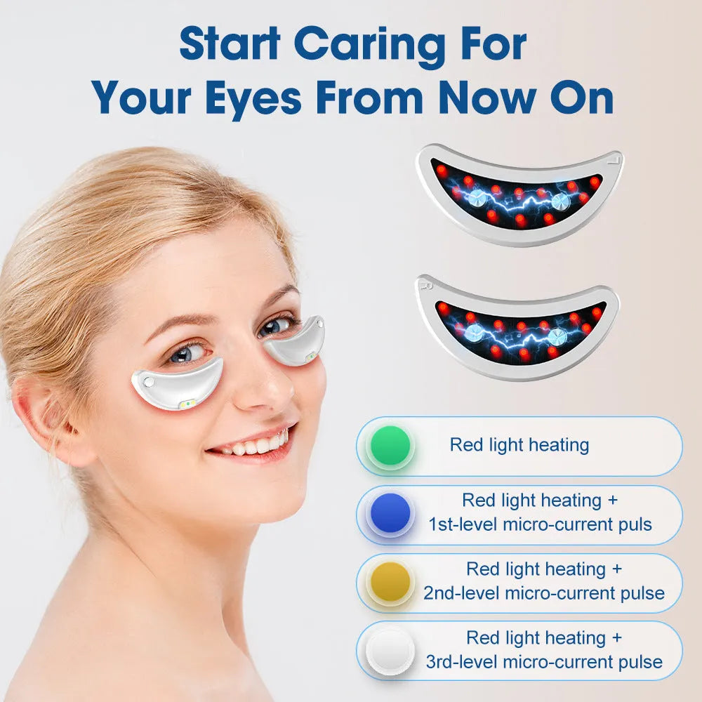White wireless red light EMS eye and face massager device on a plain background.