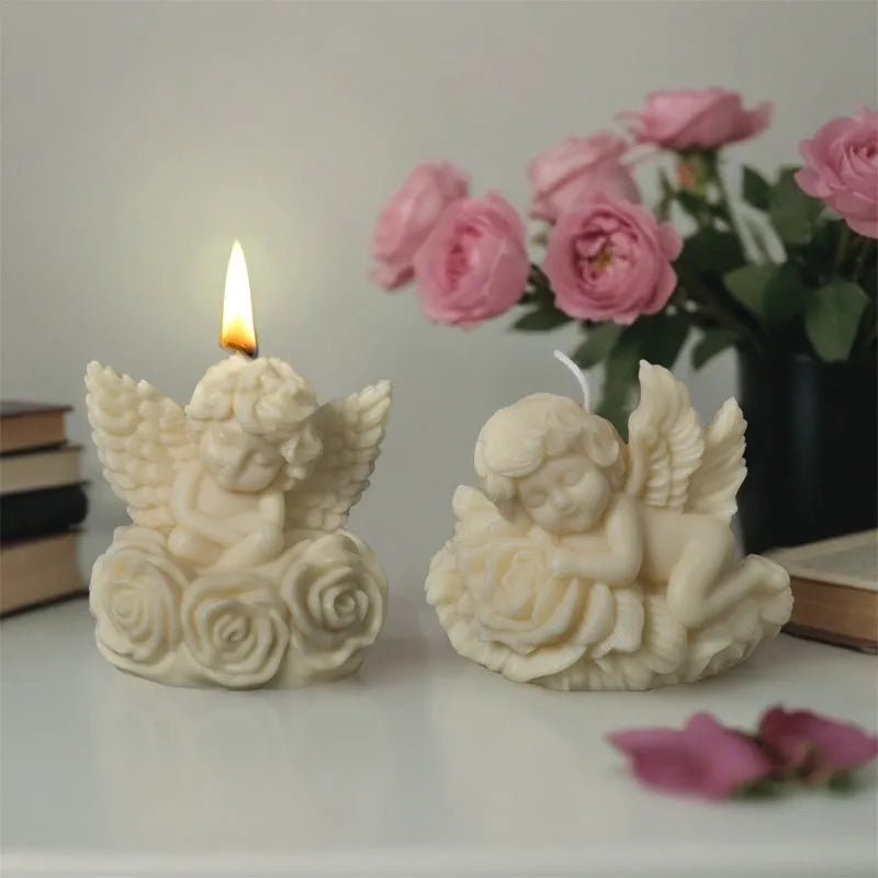 Silicone angel mold for aromatherapy candles and soap with irregular shell and rose angel designs