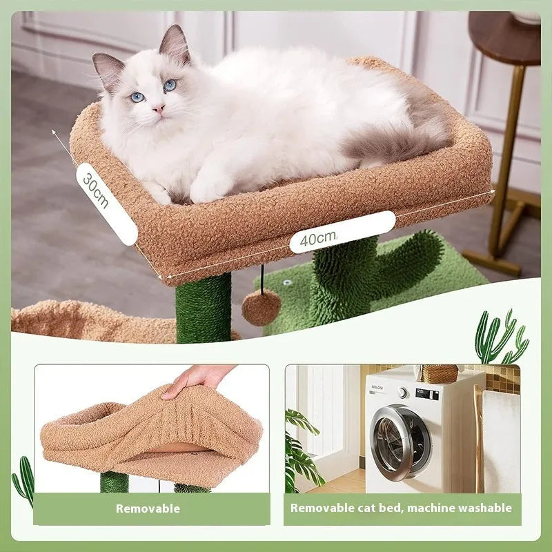 Wooden cat climbing frame with shelf and jumping platform in cactus green, 43x33x87cm dimensions