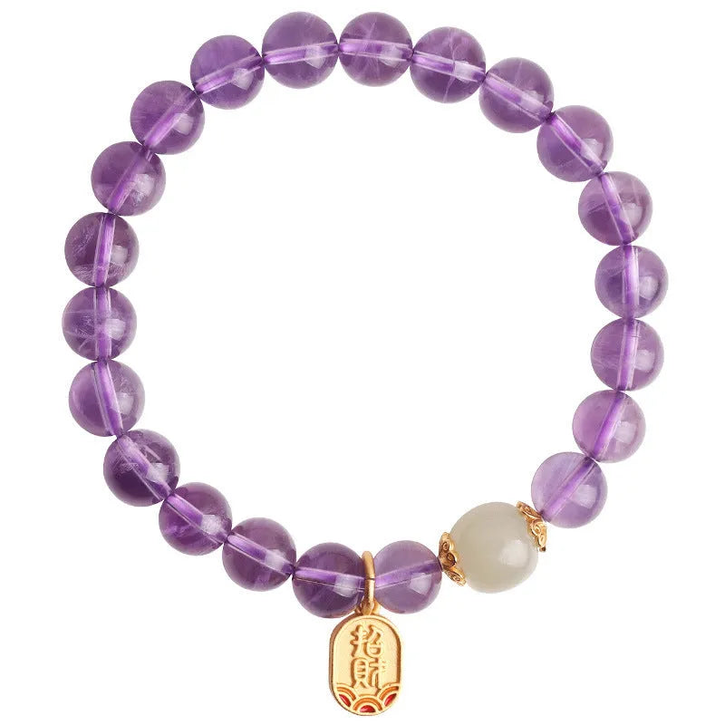 Amethyst crystal bracelet with 8mm round geometric beads in national style pattern