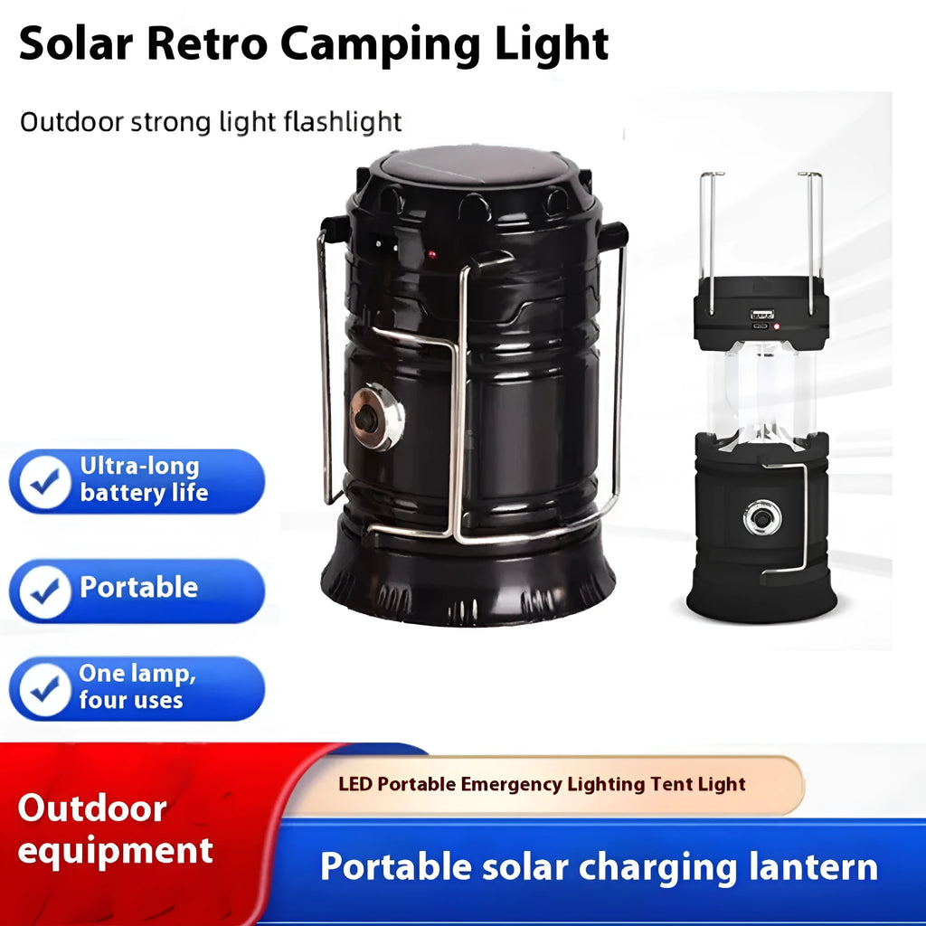 Solar multi-functional portable camping lamp with LED beads, in black, blue, and gold options