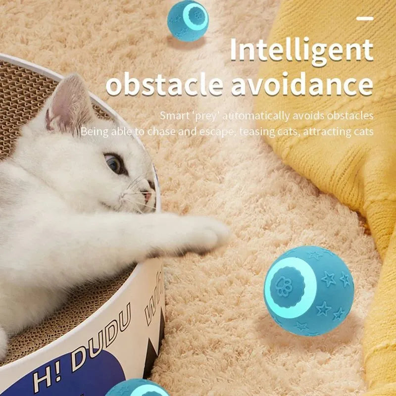 Blue smart ball cat toy with rechargeable feature and rolling motion on a floor