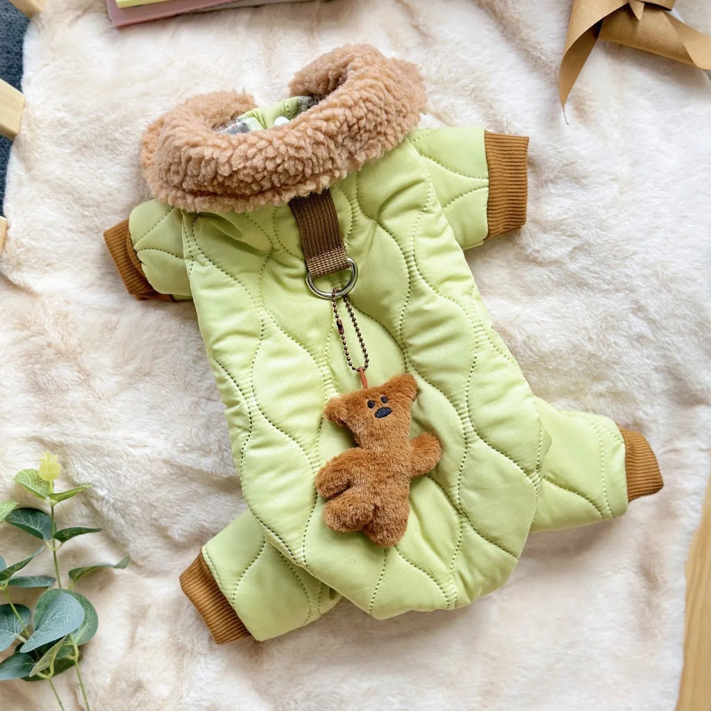 Light green cotton dog top with toy bear pendant on extra thick band, casual style