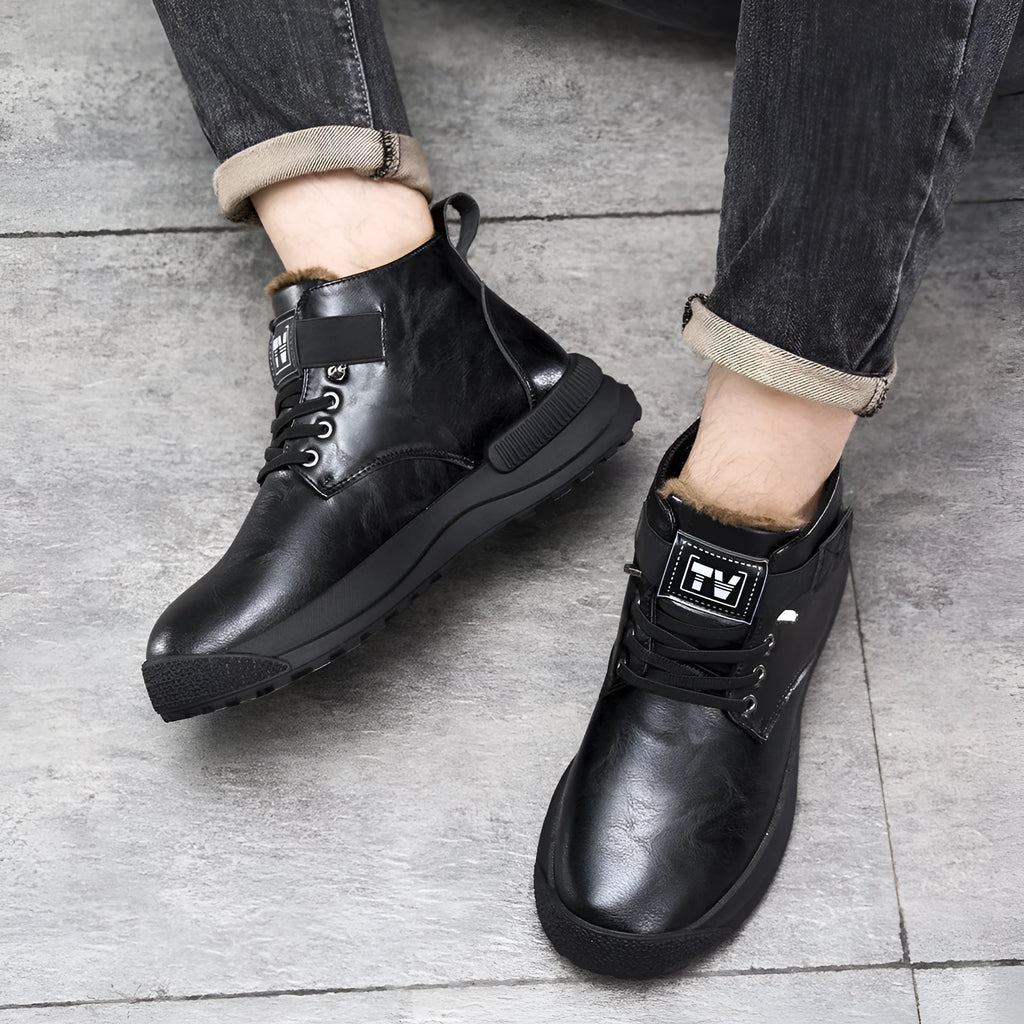 Men's black high-top platform Martin boots with velvet uppers and rubber soles