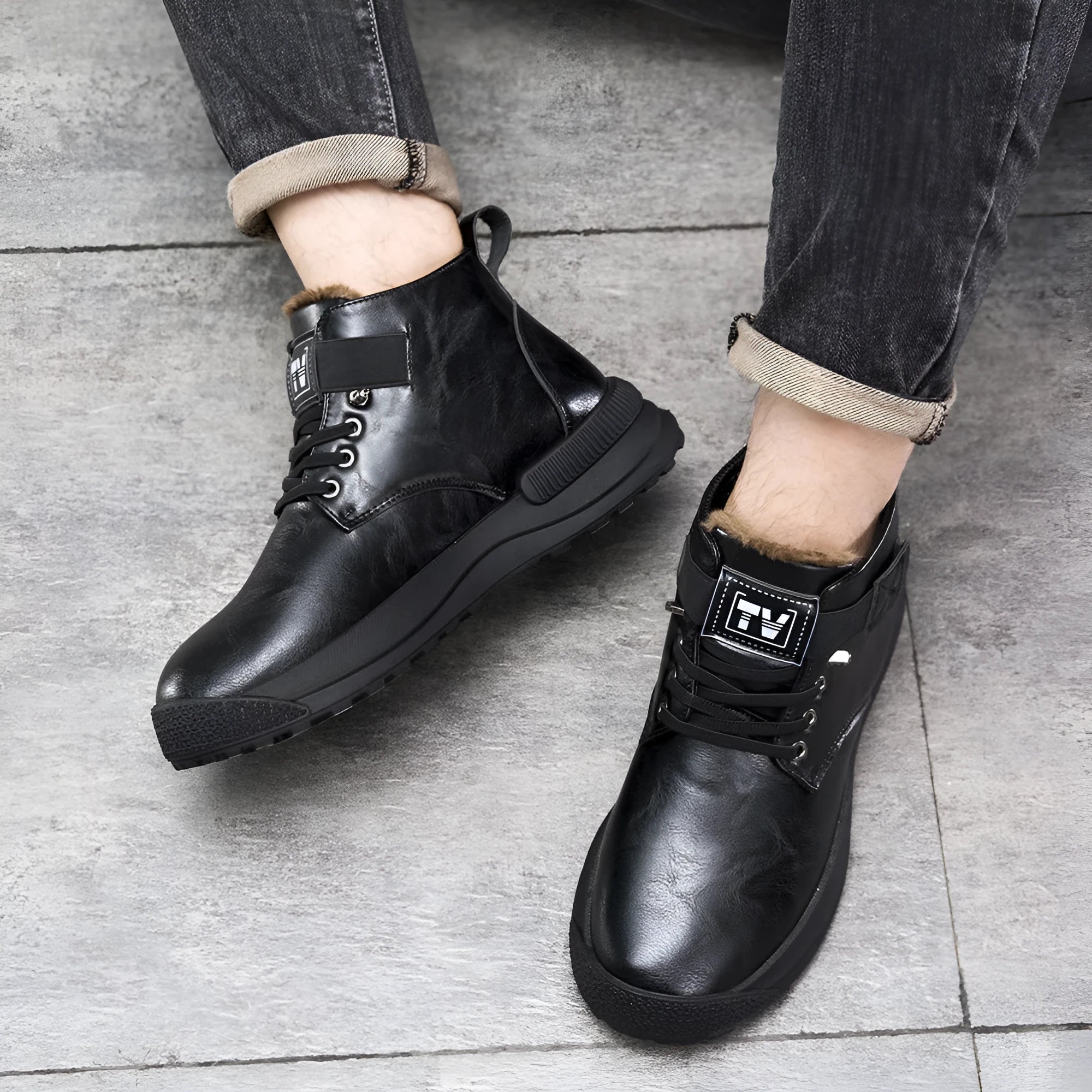 Men's black high-top platform Martin boots with velvet uppers and rubber soles