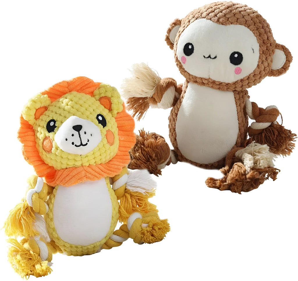 Lion and monkey plush dog toys with squeakers for medium and large breeds