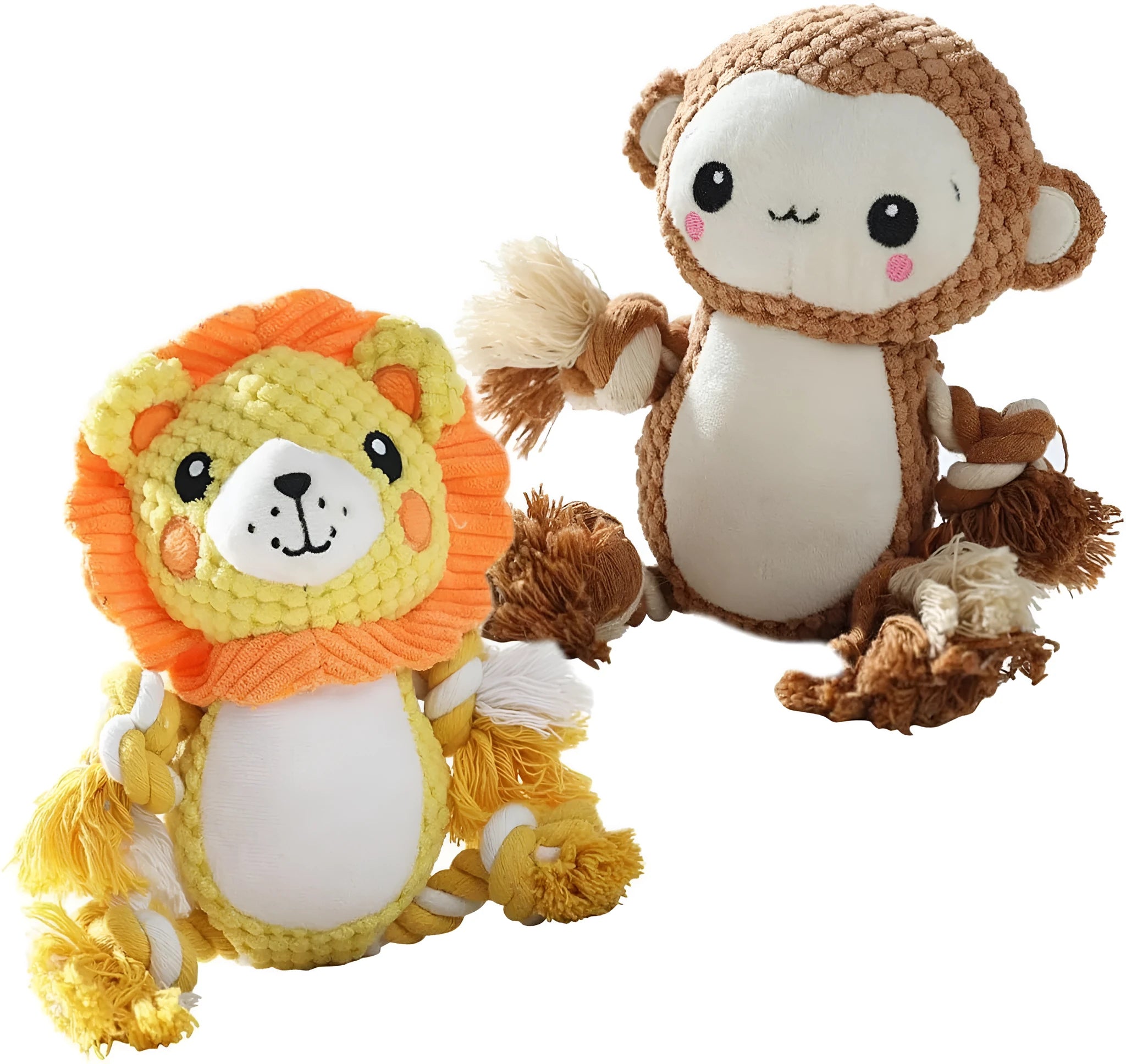 Lion and monkey plush dog toys with squeakers for medium and large breeds
